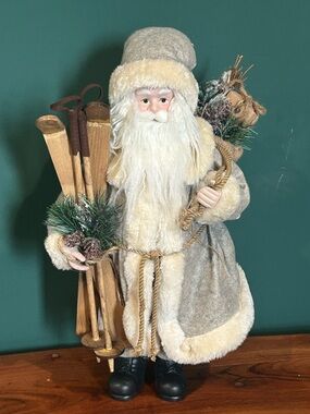 Vintage-Inspired Gray and Cream Santa Figurine Holiday Decor 18” tall With Skis